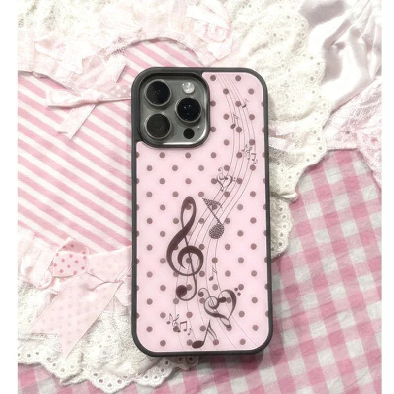 Funda Estilo Coreano Lunares Rosa Y2K con Notas Musicales