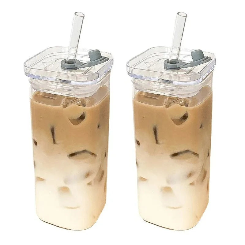 Vaso de Vidrio Cuadrado con Tapa y Sorbete – Para Café, Jugos y Más