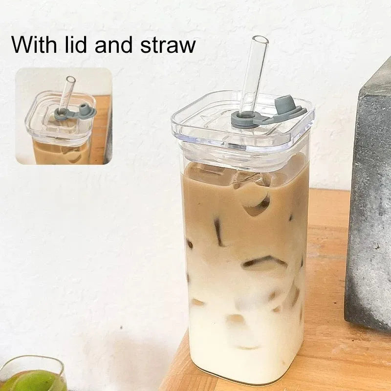 Vaso de Vidrio Cuadrado con Tapa y Sorbete – Para Café, Jugos y Más