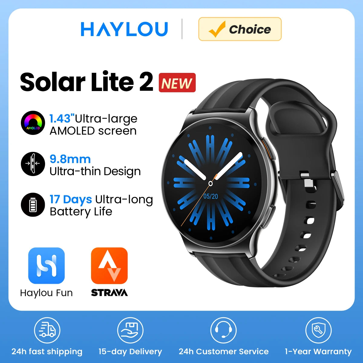 Smartwatch HAYLOU Solar Lite 2 – Pantalla AMOLED, 150+ Deportes y Llamadas