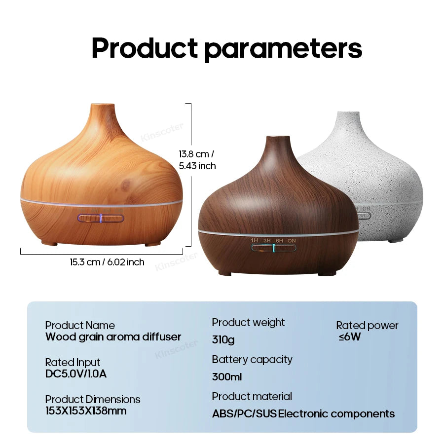Difusor Aromaterapia USB – Madera, Purificador de Aire y Aceites Esenciales