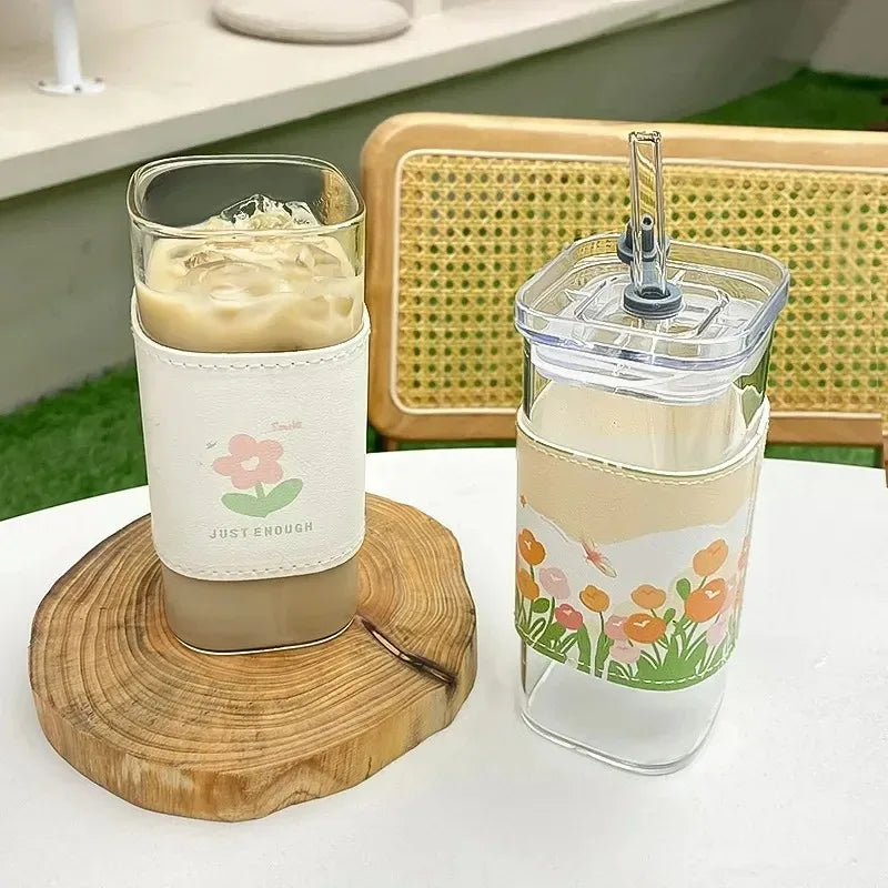 Vaso de Vidrio Cuadrado con Tapa y Sorbete – Para Café, Jugos y Más