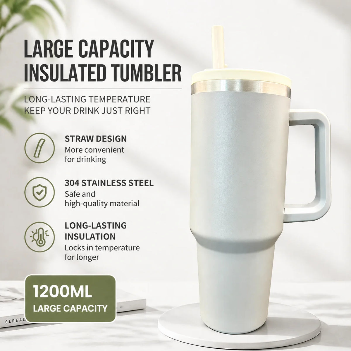 Vaso Térmico 1200ml con Manija y Sorbete – Doble Pared, Ideal para Viajes