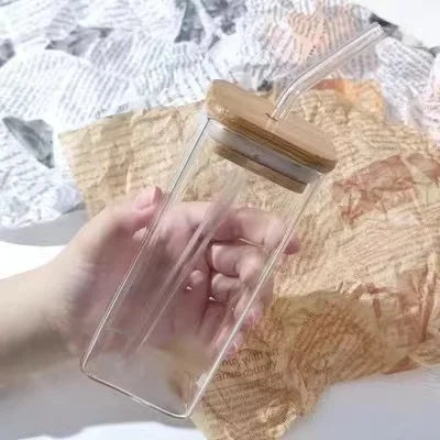 Vaso de Vidrio Cuadrado con Tapa y Sorbete – Para Café, Jugos y Más