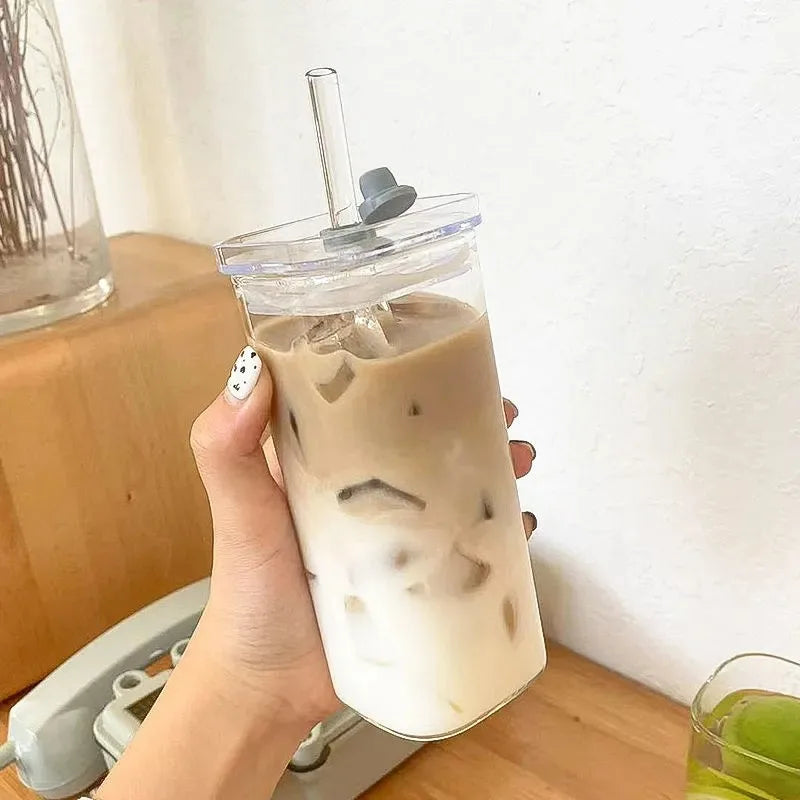 Vaso de Vidrio Cuadrado con Tapa y Sorbete – Para Café, Jugos y Más