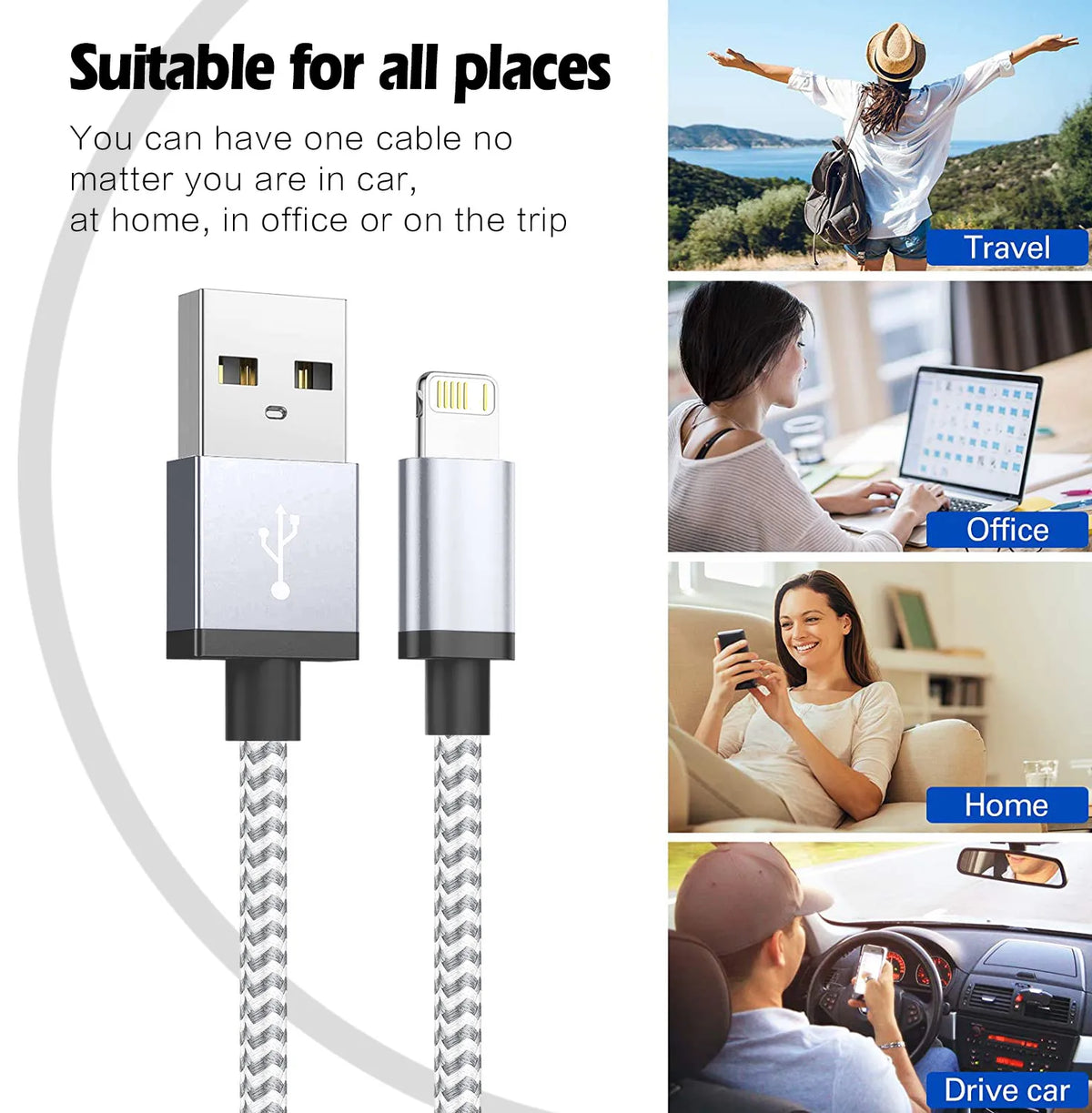 Cable Cargador para iPhone – Carga Rápida, 1m/2m/3m, Compatible con iPhone 6 al 14